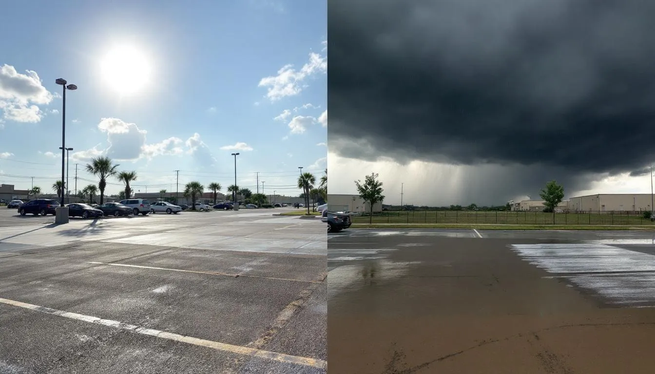 The image depicts a split scene of Oklahoma weather: on the left, a bright sun shines over a vibrant parking lot with clear parking lot lines, while the right side shows dark rain clouds and light drizzle causing the pavement paint to smear on a partially painted lot. This contrast highlights how weather conditions can affect the quality of parking lot striping and the overall appearance of a commercial property.