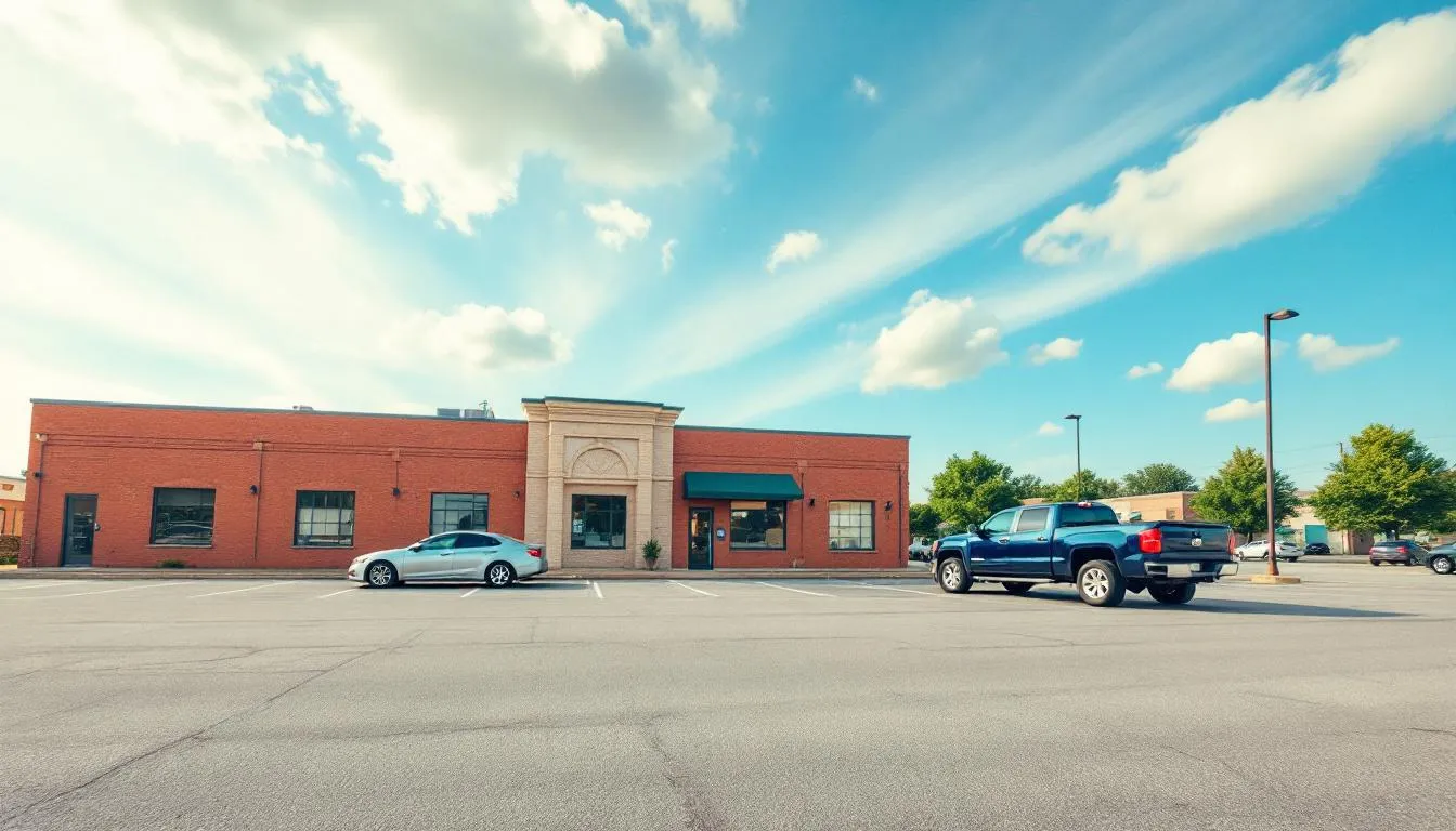 A wide-angle view of a clean, well-maintained asphalt parking lot in Oklahoma City, featuring clear parking lot striping and no potholes, with several cars parked. The background showcases Oklahoma red brick buildings under blue skies with mild clouds, emphasizing the curb appeal of the business parking area.