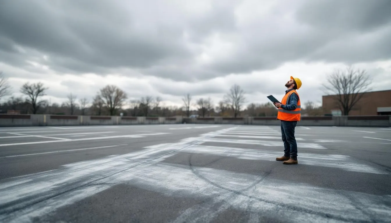 In the image, a contractor stands in a local parking lot in Oklahoma City, inspecting the faded pavement markings and parking lines with a clipboard, reflecting concern for the weather conditions affecting the overall appearance and safety of the commercial property. The cloudy sky looms above, hinting at potential rainy weather that could impact the effectiveness of parking lot striping.