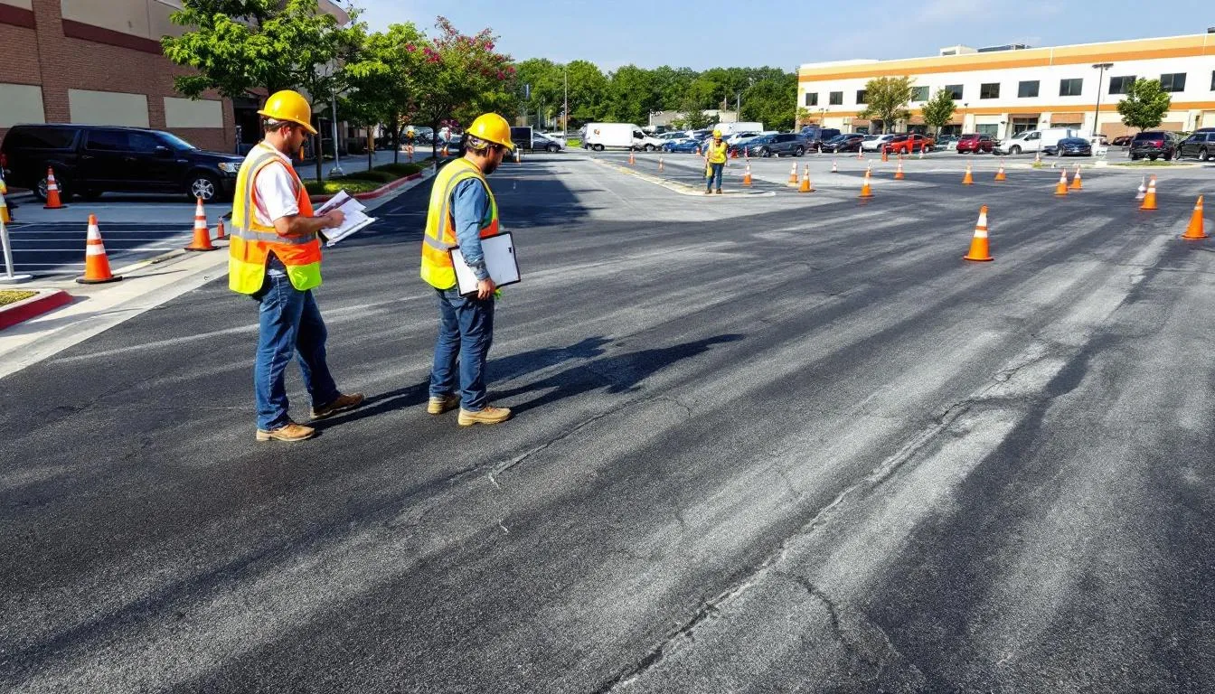 A maintenance crew is inspecting a large asphalt parking lot, using clipboards and measuring tools to assess visible cracks and faded lines. Traffic cones are placed around the work zone, indicating the need for parking lot striping and maintenance to enhance curb appeal and ensure safety for customers.