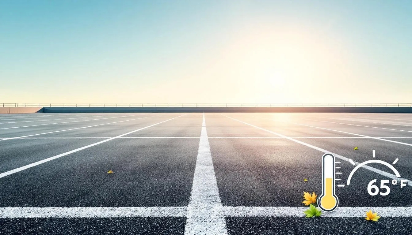 A freshly striped commercial parking lot in Oklahoma City is showcased on a calm spring morning, featuring clear pavement markings and parking lines under a mild sun. Seasonal icons, such as spring leaves, accompany a temperature gauge graphic, emphasizing the importance of proper parking lot striping and maintenance for ensuring safety and enhancing curb appeal.