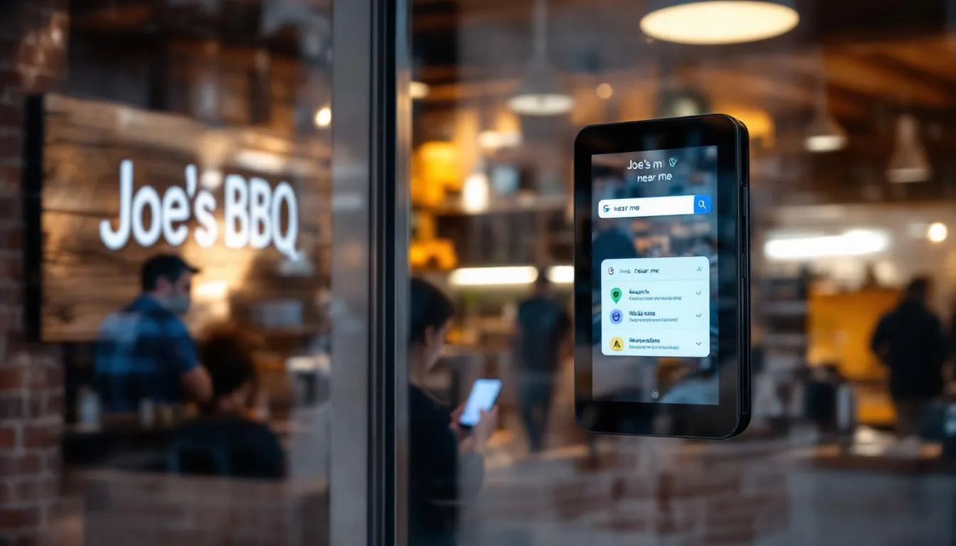A small business storefront in Oklahoma City features a customer using a smartphone to search for nearby services, with digital marketing icons like a map pin and search bar overlaying the scene. The image emphasizes the importance of a well-maintained parking lot, highlighting how effective digital marketing can enhance curb appeal and attract customers.