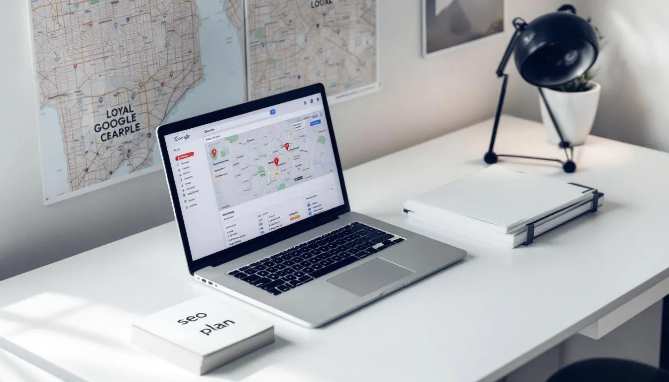 A well-organized marketing consultant's desk is depicted from an overhead view, featuring an open laptop displaying a Google Maps listing, alongside notes labeled “SEO plan” and local city maps in the background. This workspace emphasizes the importance of effective strategies for enhancing local business visibility, similar to how well maintained parking lots can prevent costly repairs and improve curb appeal.