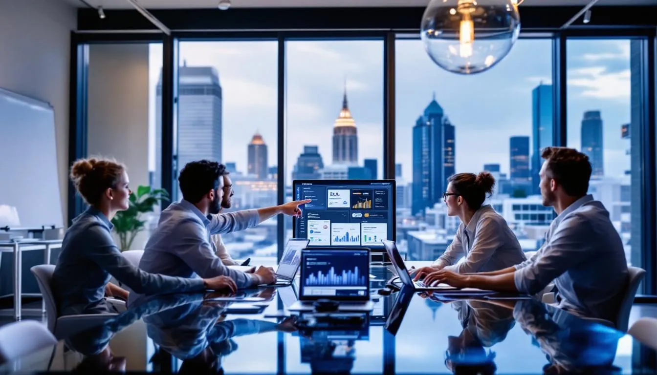 In an Oklahoma City office, a marketing team is engaged in a meeting focused on social media and paid ads strategy, with laptops displaying Facebook and Google Ads dashboards. The city's skyline is visible through the window, highlighting the urban setting where discussions on effective marketing practices are taking place.