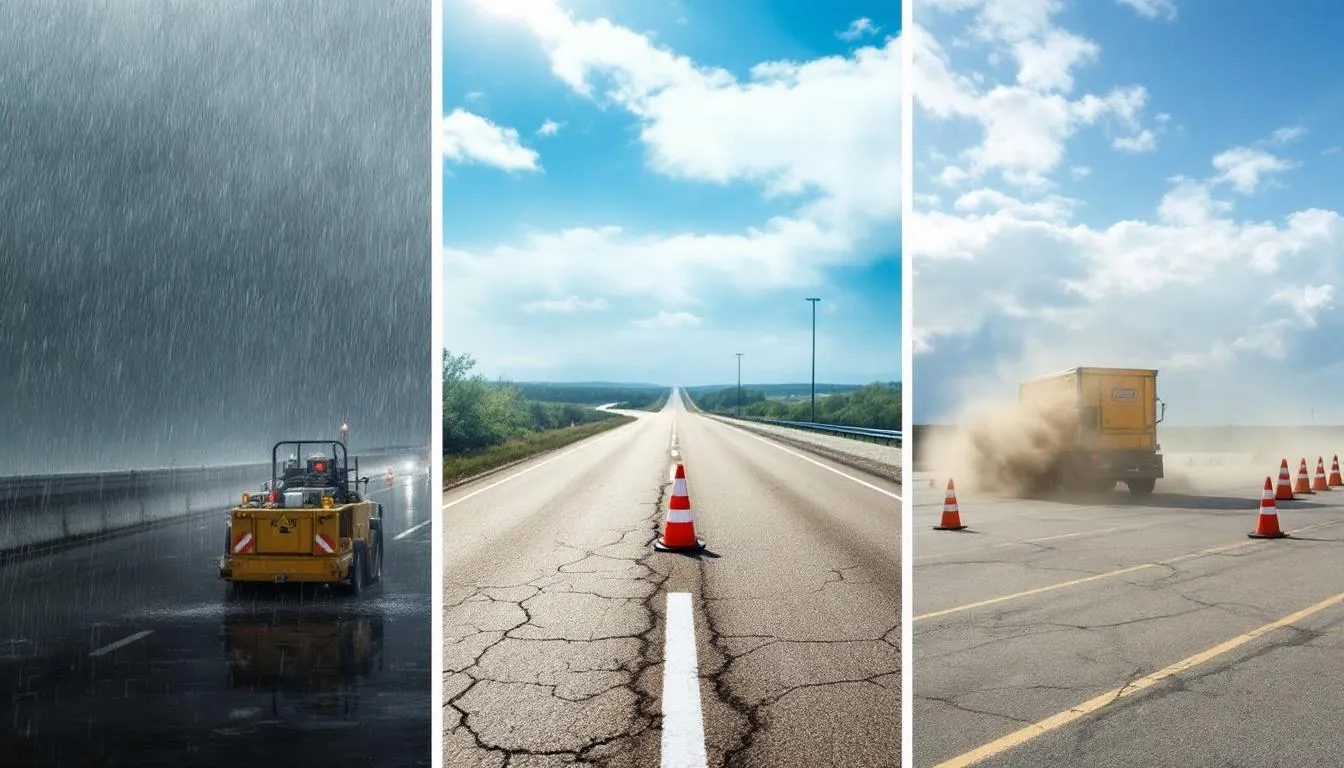 The image is a split collage depicting various Oklahoma weather conditions affecting a parking lot, featuring a rainstorm, intense sun with heat haze, and strong winds blowing dust. Traffic cones and striping equipment are visible on-site, illustrating the challenges of maintaining clear pavement markings and parking lines under different weather conditions to ensure safety and proper traffic flow.