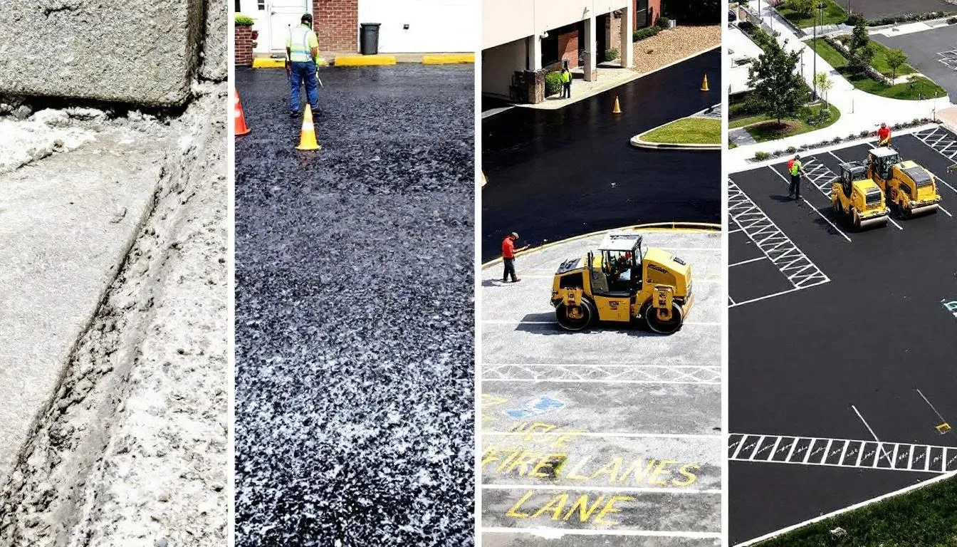 A side-by-side photo collage displays various parking lot maintenance services, including concrete curb repair, fresh driveway sealing, and the installation of a new asphalt parking lot with compactors and paving machines. Additionally, neatly marked fire lanes highlight the importance of safety and compliance for businesses in the Oklahoma City area.