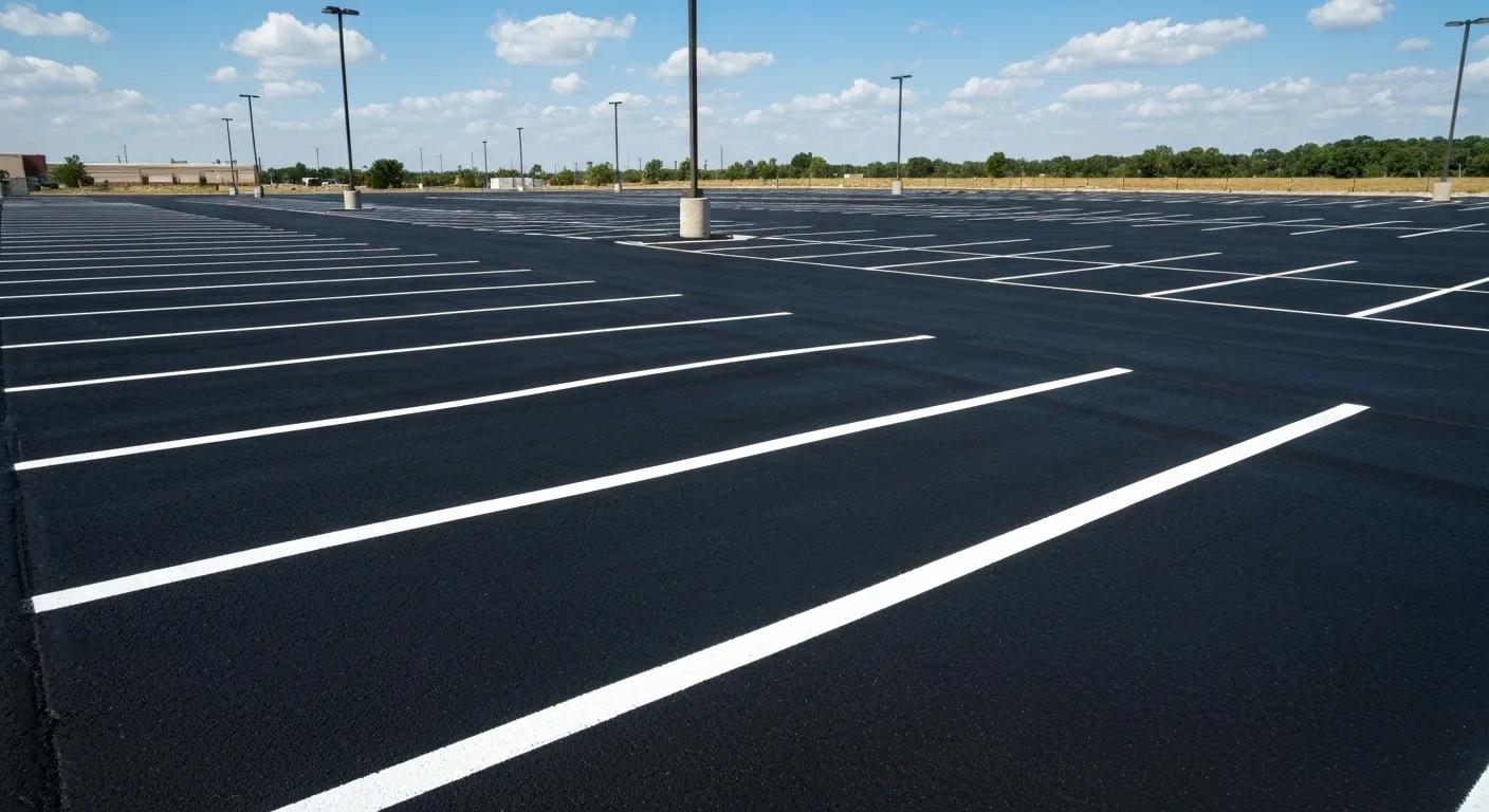 A freshly sealcoated parking lot in Oklahoma City with crisp, clear line markings