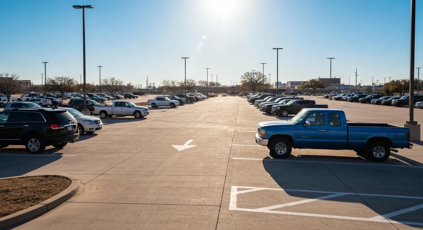 Well-maintained commercial parking lot in Oklahoma City with clear striping and fresh sealcoating