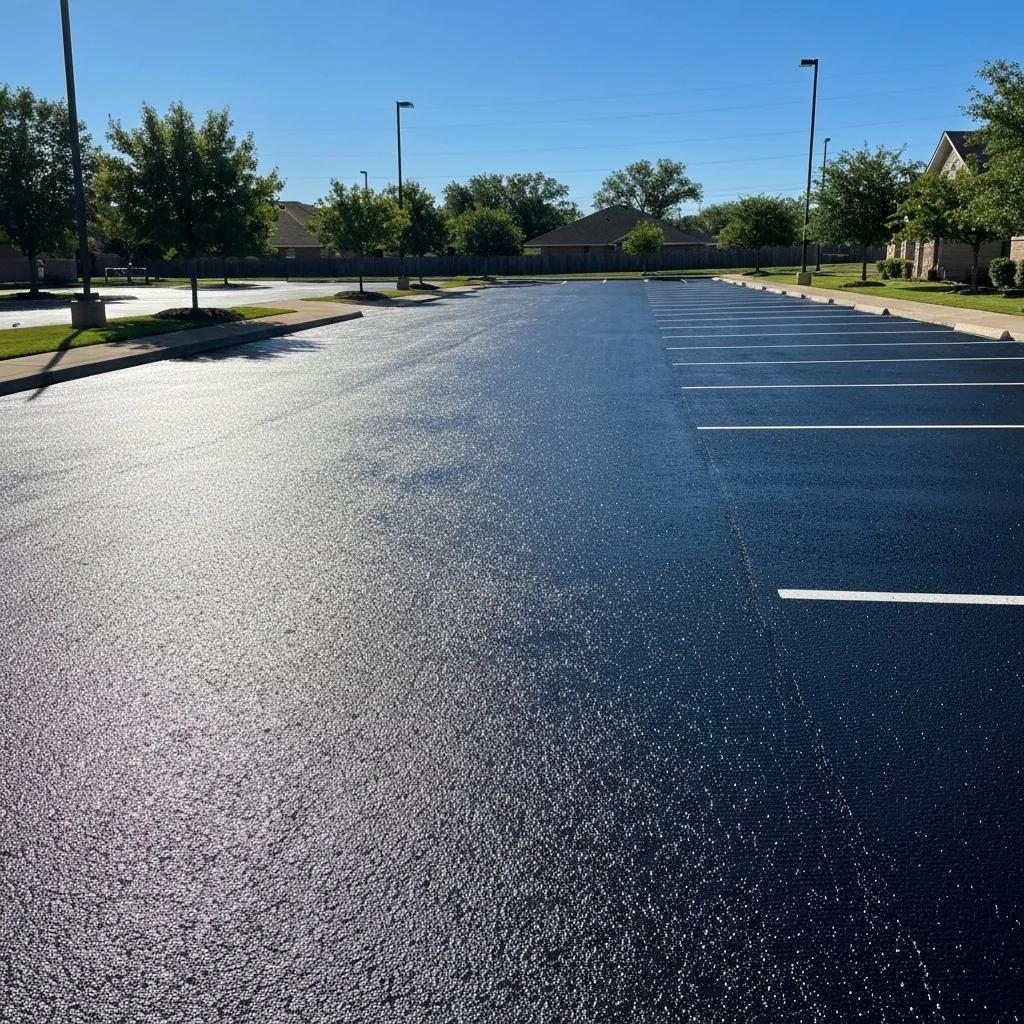 A freshly sealcoated parking lot in Oklahoma City gleaming under a bright blue sky