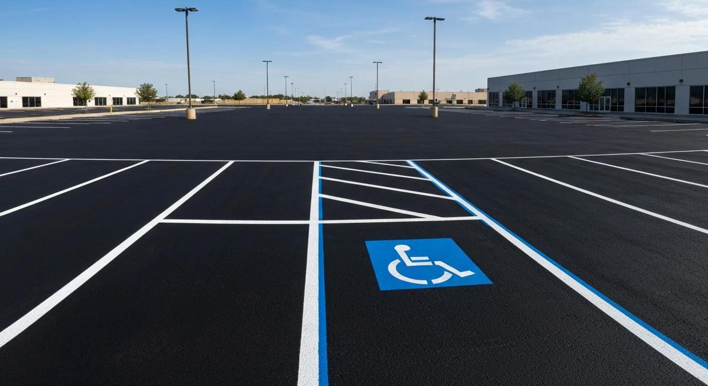f99f01e7-ae01-4f24-9a57-b975ffd11295.webp A panoramic, high-angle view of a freshly maintained commercial parking lot in Oklahoma City. The asphalt is a deep, rich black from a recent sealcoat. The lines are crisp, bright white and blue, showcasing a perfectly striped handicap space with a clear International Symbol of Access. The lot is surrounded by clean, modern commercial buildings under a clear Oklahoma sky. The image should convey professionalism, safety, and a freshly protected investment. Cinematic lighting, photorealistic.