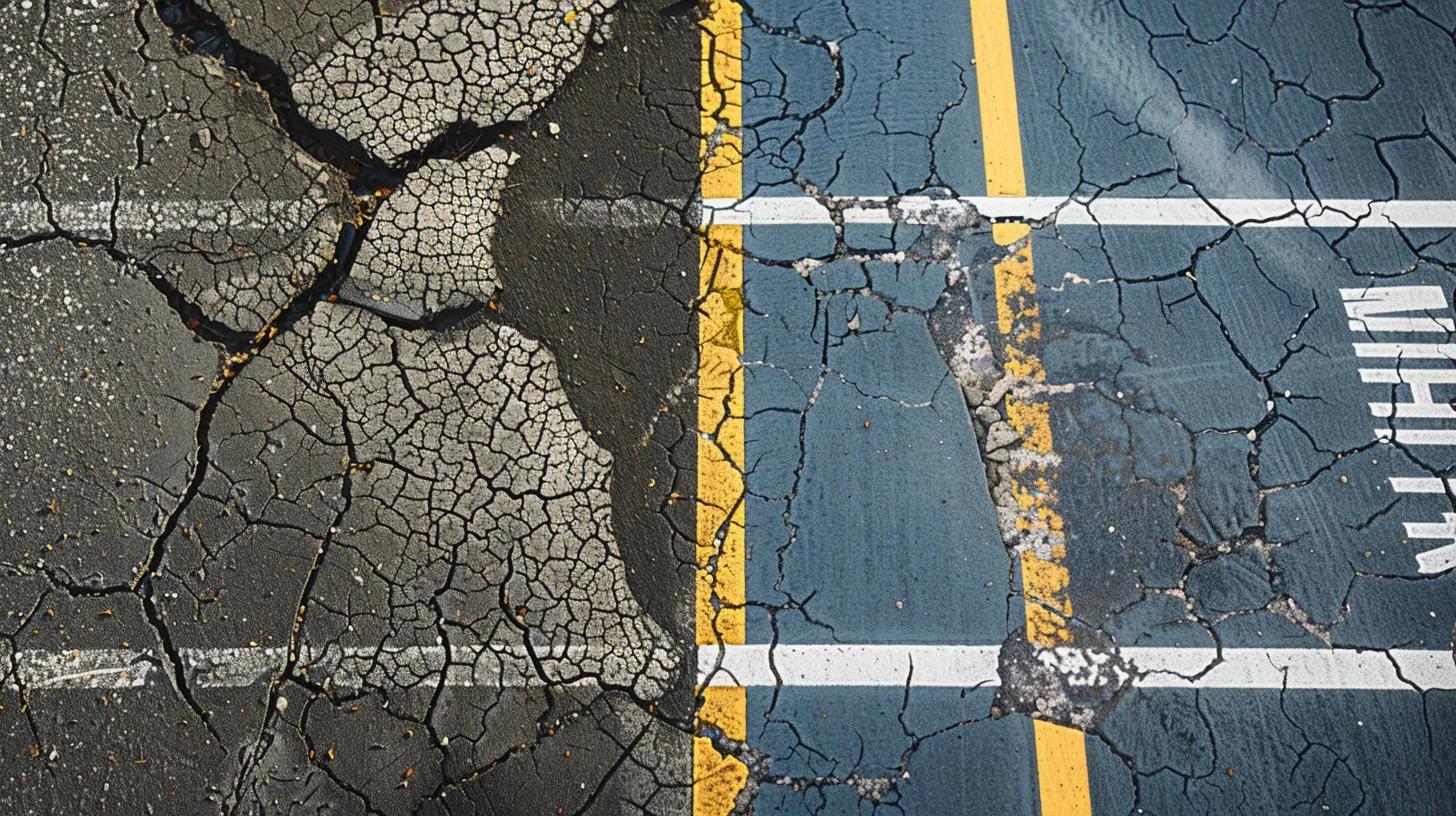 20251210-150535-150380e565f49f9e-e7607cbd-c7c4-42f2-925f-72b303f19731.webp A split image visually comparing two parking lots. The left side (Replacement) shows a severely cracked, grey, deteriorated commercial parking lot with large potholes and faded, barely visible striping. The right side (Maintenance) shows a deep, jet-black, freshly sealcoated asphalt parking lot with bright, crisp white and yellow line striping and a clearly marked blue ADA compliance space. In the foreground, a close-up shows a dollar bill being saved from falling into a crack on the right side. The overall mood should be professional and emphasize contrast.