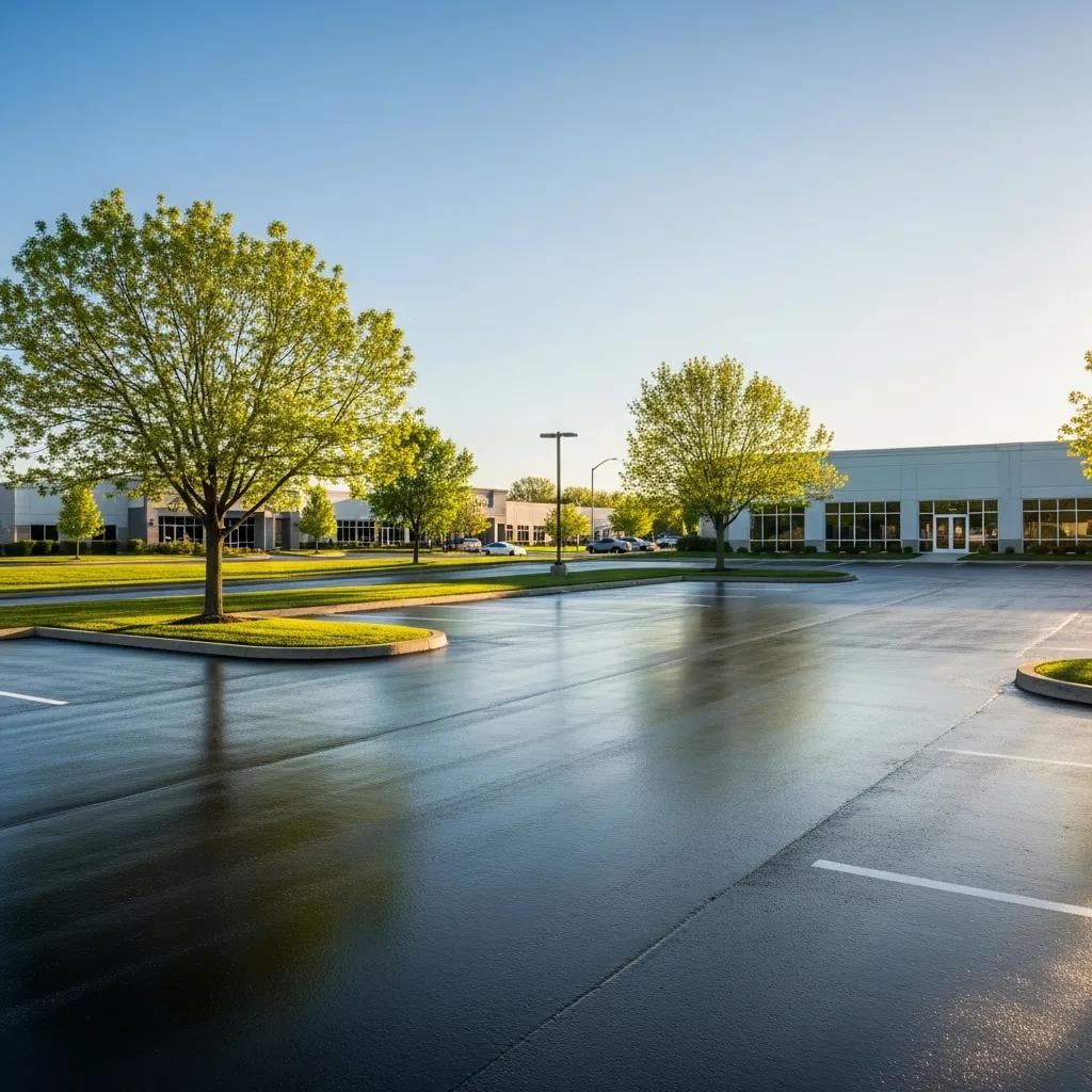 Freshly sealcoated parking lot with a commercial property in the background